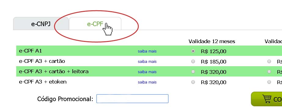 Página de produtos do INCD selecionando a aba do produto e-CPF