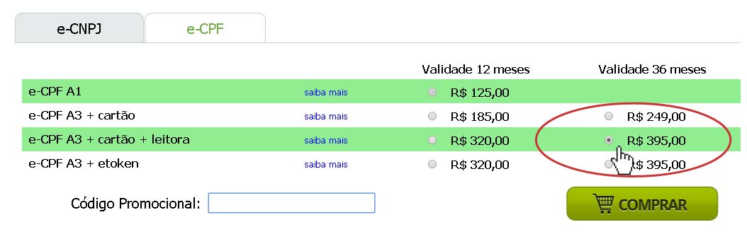 Página de produtos do INCD na aba do produto e-CPF selecionando um produto